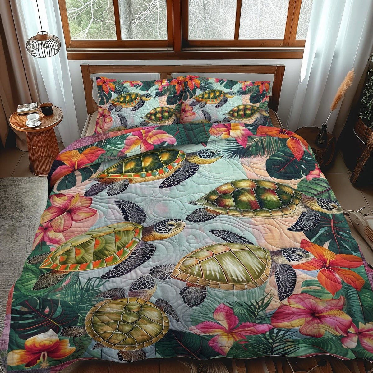 Tropical Tides quilted 3-piece bedding set on a made bed in a light coastal bedroom
