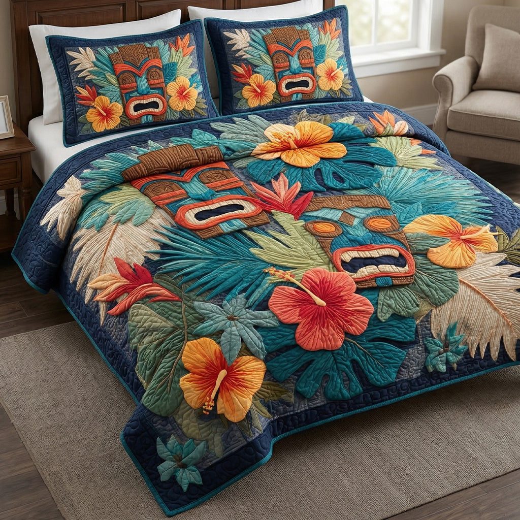 Tropical Tiki quilted 3-piece bedding set on a made bed in a light coastal bedroom