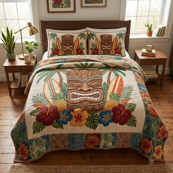 Tropical Tiki quilted 3-piece bedding set on a made bed in a light coastal bedroom
