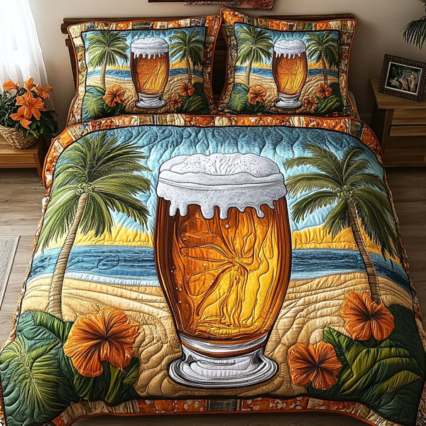 Tropical Toast quilted 3-piece bedding set on a made bed in a light coastal bedroom