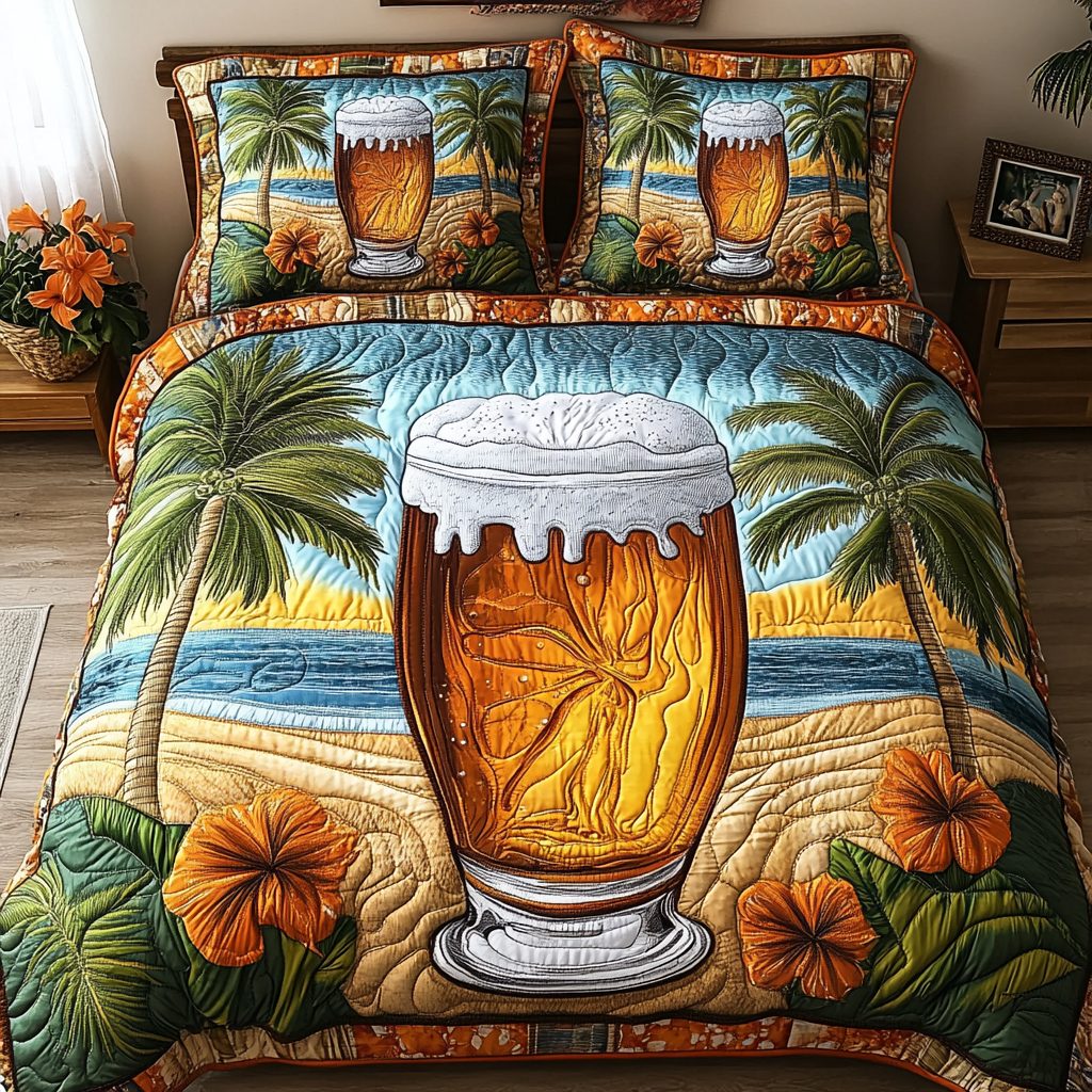 Tropical Toast quilted 3-piece bedding set on a made bed in a light coastal bedroom