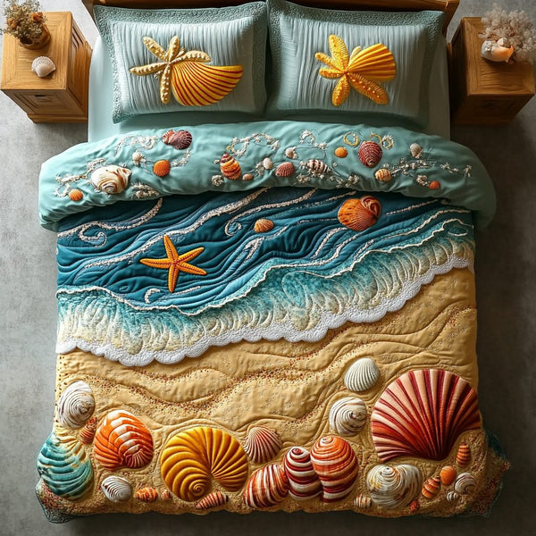 Tropical Tranquility quilted 3-piece bedding set on a made bed in a light coastal bedroom