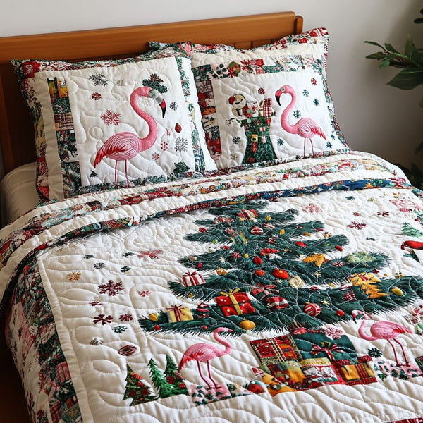 Tropical Tranquility quilted 3-piece bedding set on a made bed in a light coastal bedroom