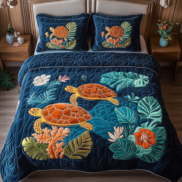 Tropical Turtle Paradise quilted 3-piece bedding set on a made bed in a light coastal bedroom