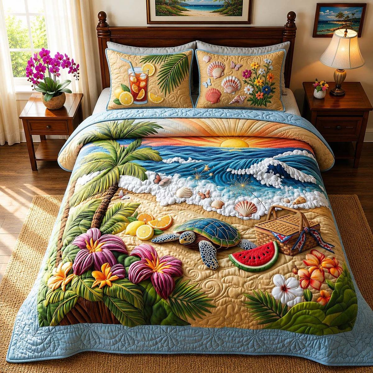Tropical Turtle quilted 3-piece bedding set on a made bed in a light coastal bedroom