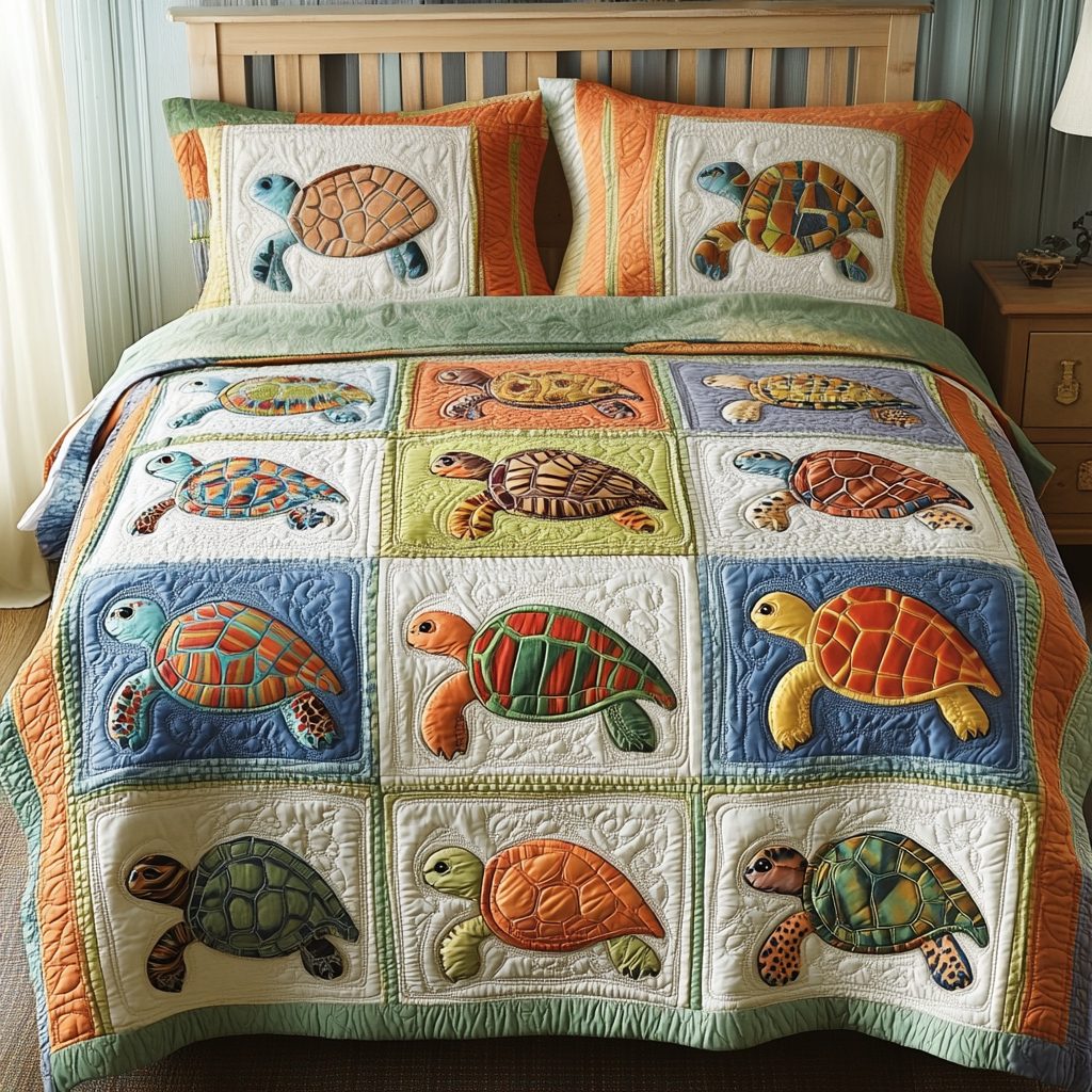 Tropical Turtles quilted 3-piece bedding set on a made bed in a light coastal bedroom