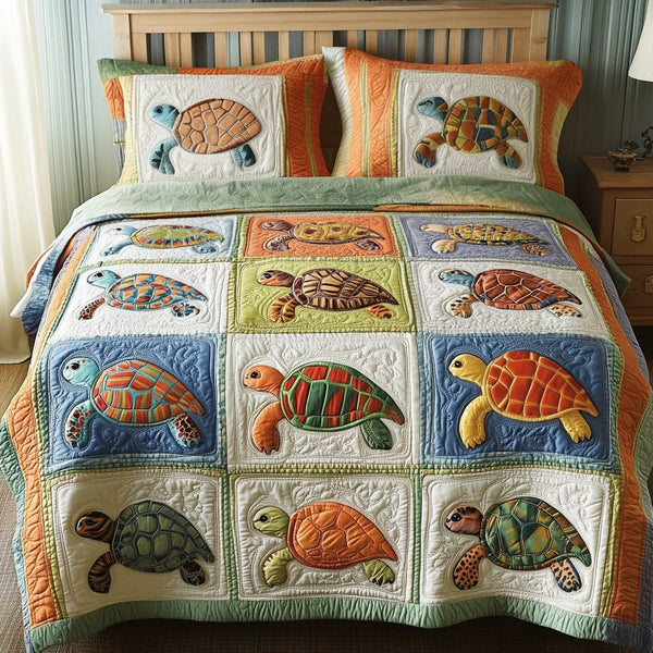Tropical Turtles quilted 3-piece bedding set on a made bed in a light coastal bedroom