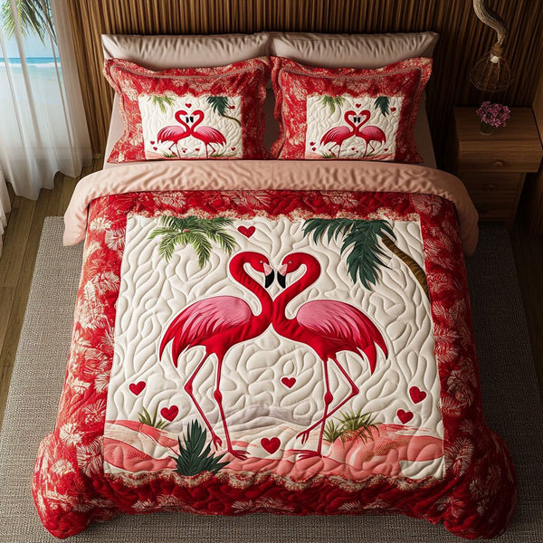 Tropical Twosome quilted 3-piece bedding set on a made bed in a light coastal bedroom