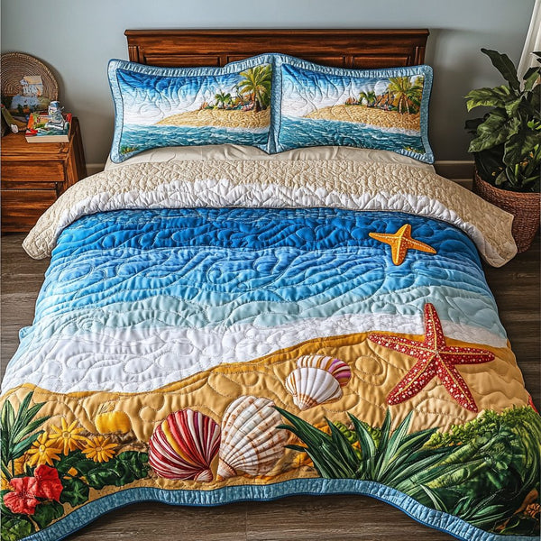 Tropical Vibes quilted 3-piece bedding set on a made bed in a light coastal bedroom