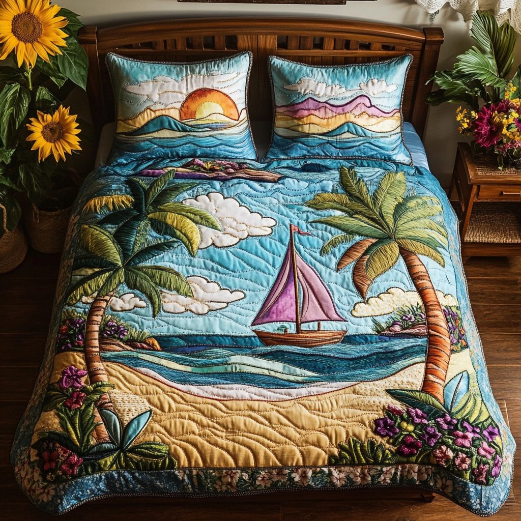 Tropical Vibes quilted 3-piece bedding set on a made bed in a light coastal bedroom