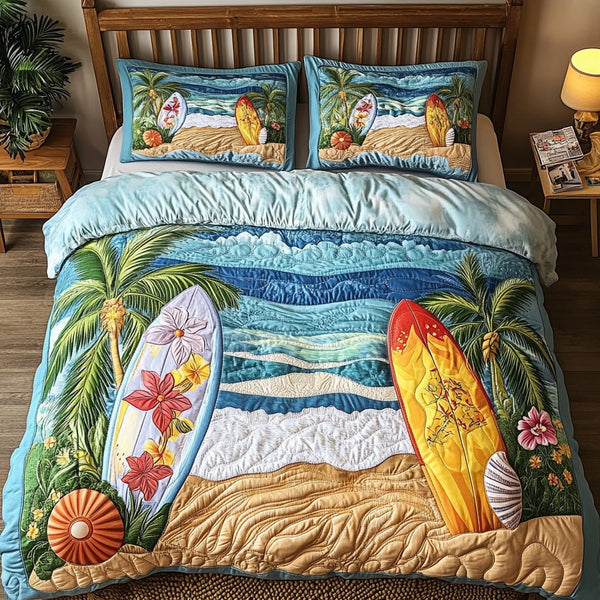 Tropical Vibes quilted 3-piece bedding set on a made bed in a light coastal bedroom