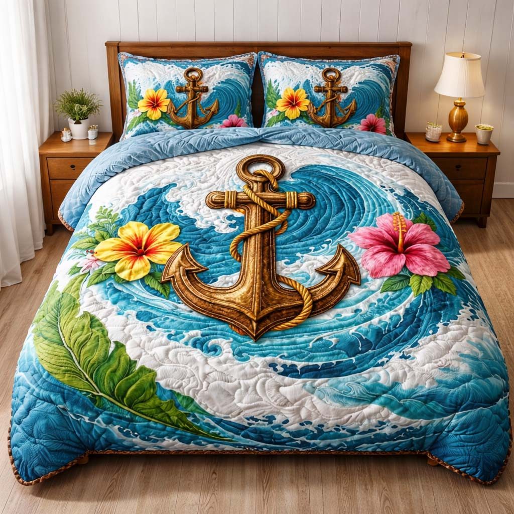 Tropical Wave Anchor quilted 3-piece bedding set on a made bed in a light coastal bedroom