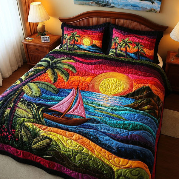 Tropical Waves quilted 3-piece bedding set on a made bed in a light coastal bedroom