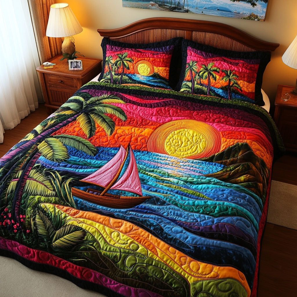 Tropical Waves quilted 3-piece bedding set on a made bed in a light coastal bedroom