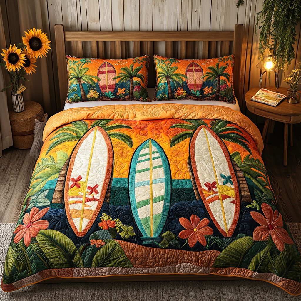 Tropical Waves quilted 3-piece bedding set on a made bed in a light coastal bedroom