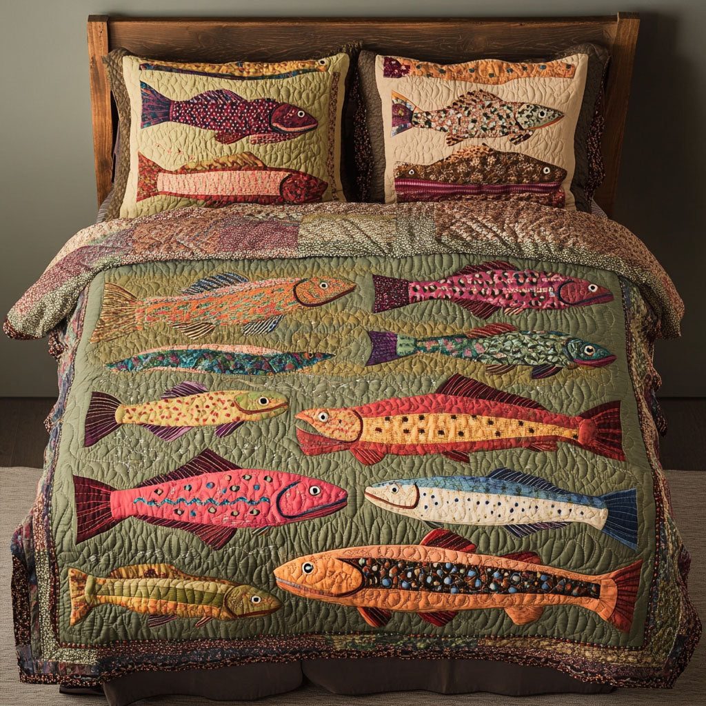 Trout Haven quilted 3-piece bedding set on a made bed with two matching pillow shams