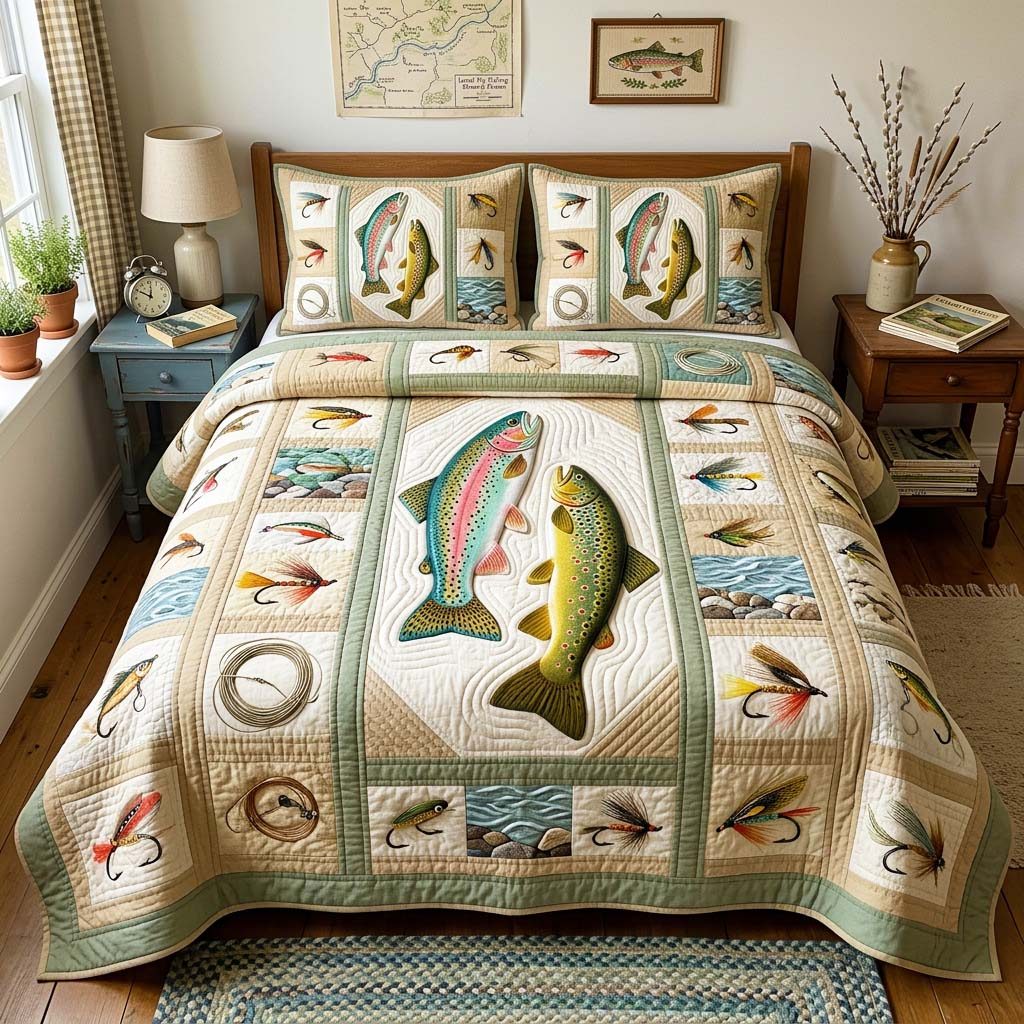 Trout Lures quilted 3-piece bedding set on a made bed with two matching pillow shams