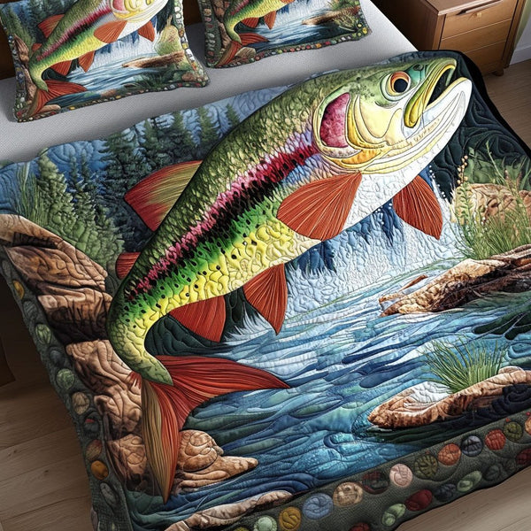 Trout Tales quilted 3-piece bedding set on a made bed with two matching pillow shams