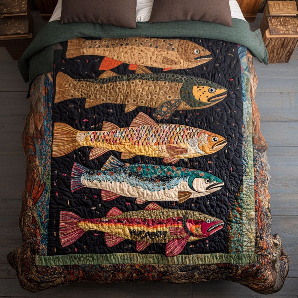 Trout Whisper quilted 3-piece bedding set on a made bed with two matching pillow shams