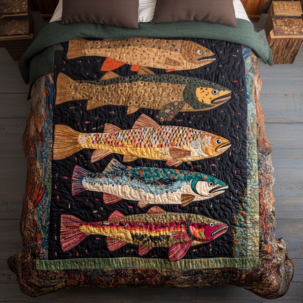 Trout Whisper quilted 3-piece bedding set on a made bed with two matching pillow shams