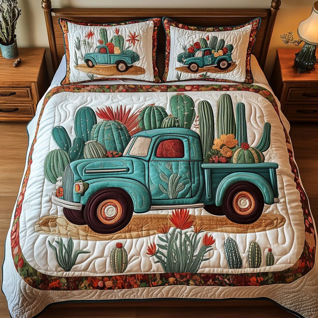Truck with Cactus quilted 3-piece bedding set on a made bed with two matching pillow shams