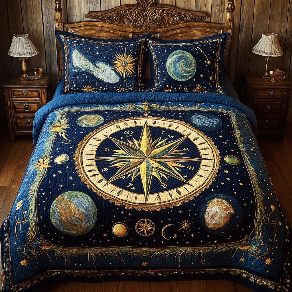 True North Treasure quilted 3-piece bedding set on a made bed with two matching pillow shams