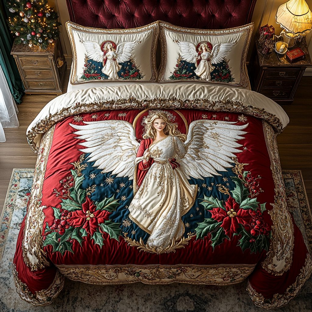 Trumpets of Joy quilted 3-piece bedding set on a made bed with two matching pillow shams