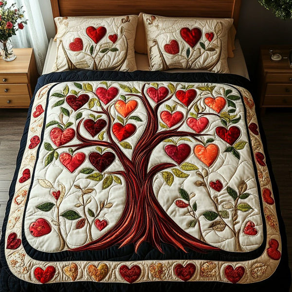 Trunk of Trust quilted 3-piece bedding set on a made bed with two matching pillow shams
