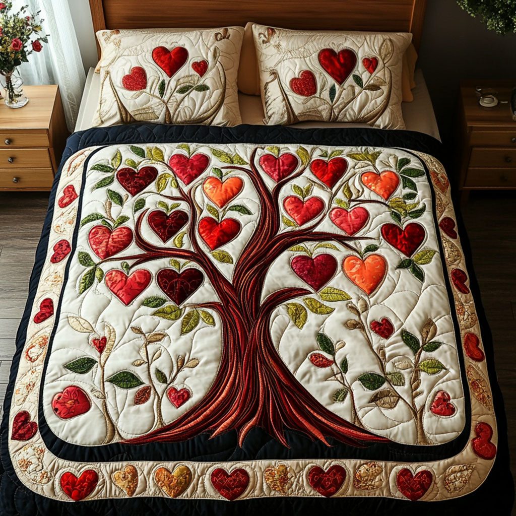 Trunk of Trust quilted 3-piece bedding set on a made bed with two matching pillow shams