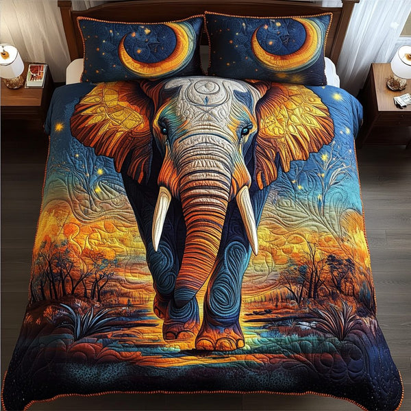 Trunk Tales quilted 3-piece bedding set on a made bed with two matching pillow shams