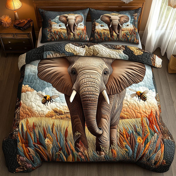 Trunked Beauty quilted 3-piece bedding set on a made bed with two matching pillow shams