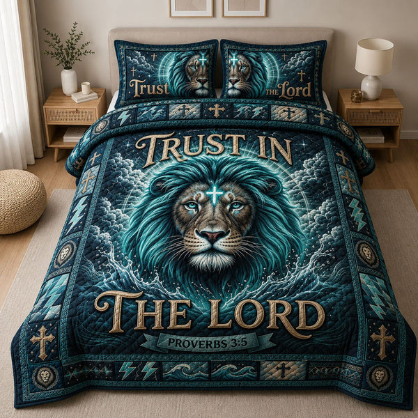 Trust In The Lord quilted 3-piece bedding set on a made bed in a softly lit bedroom