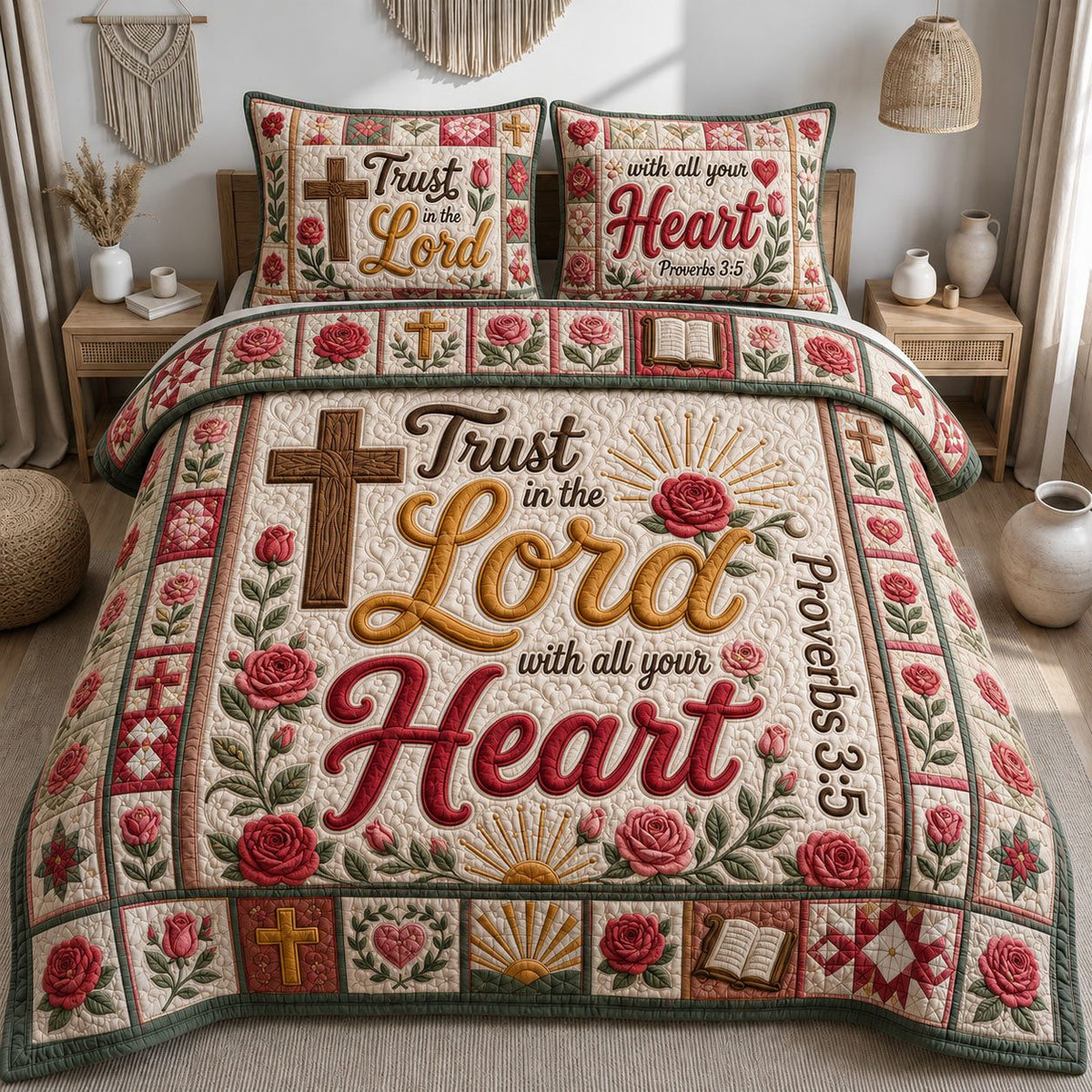 Trust In The Lord With All Your Heart quilted 3-piece bedding set on a made bed in a softly lit bedroom