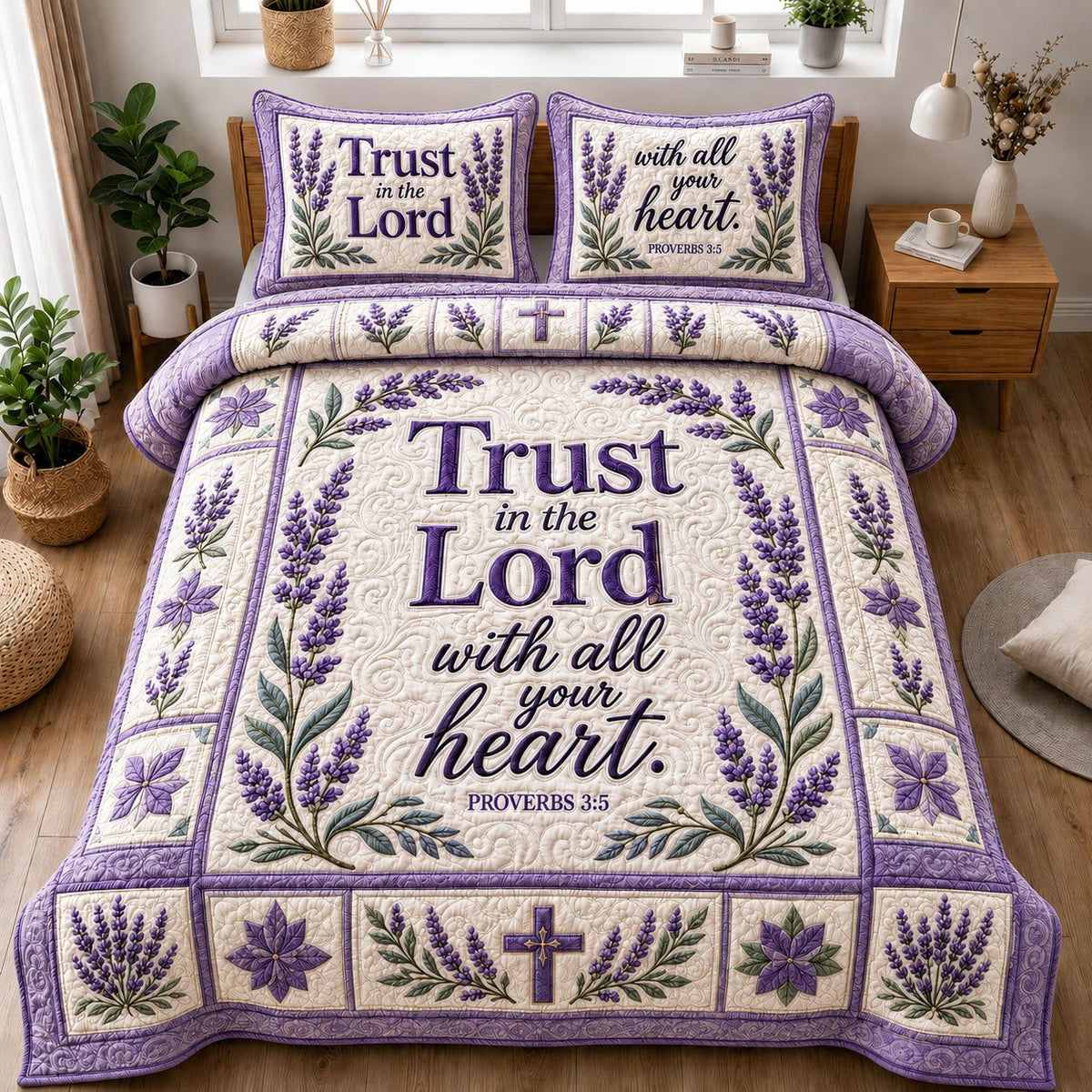 Trust In The Lord With All Your Heart quilted 3-piece bedding set on a made bed in a softly lit bedroom