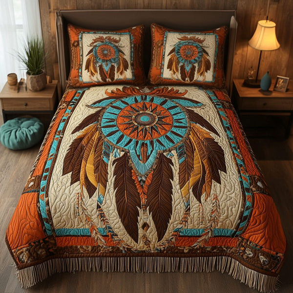 Truths Reflection quilted 3-piece bedding set on a made bed with two matching pillow shams
