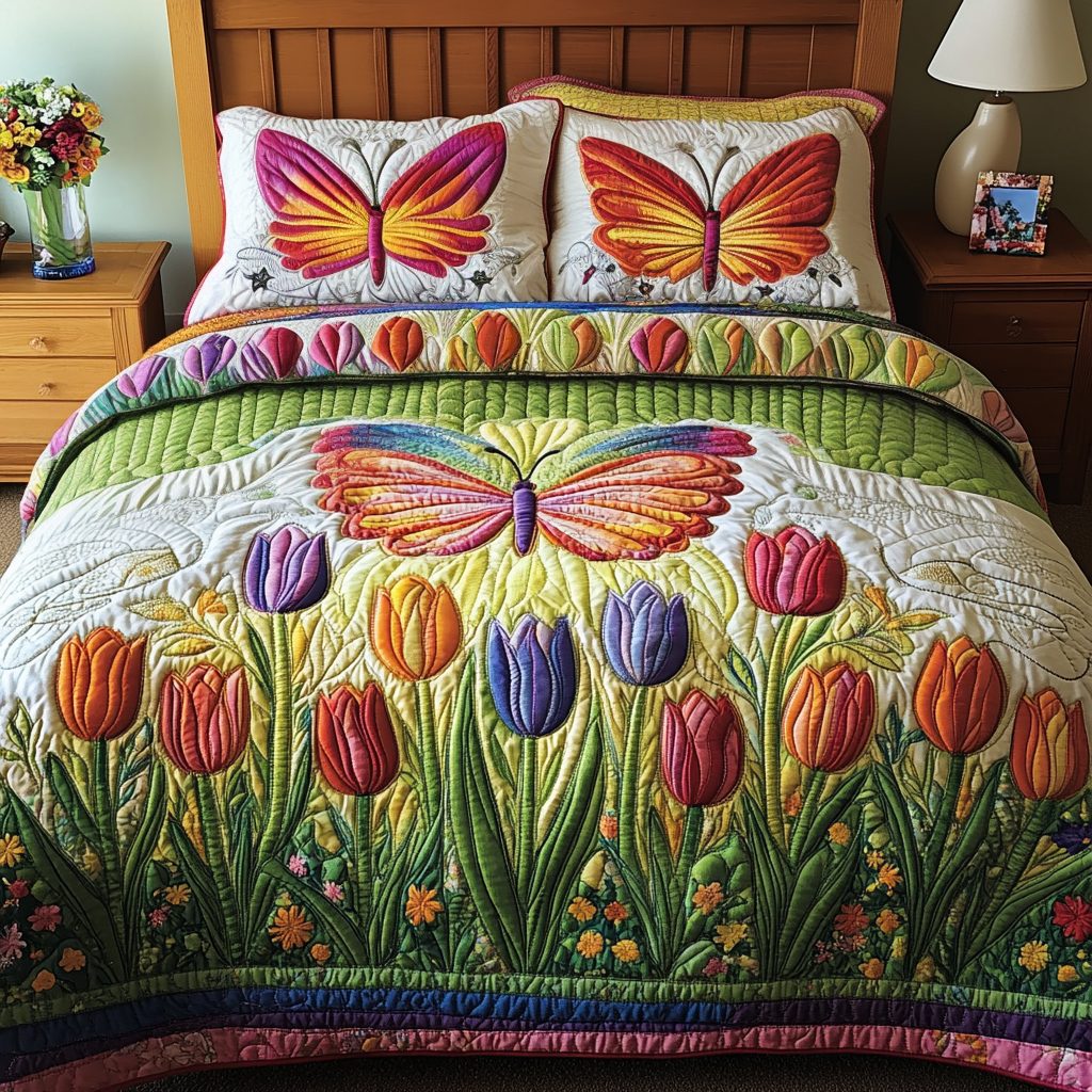 Tulip Dreams quilted 3-piece bedding set on a made bed with two matching pillow shams