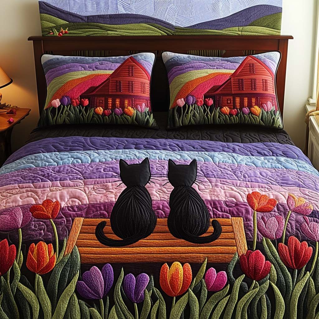 Tulip Lovers quilted 3-piece bedding set on a made bed with two matching pillow shams