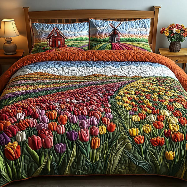 Tulip Meadow quilted 3-piece bedding set on a made bed with two matching pillow shams