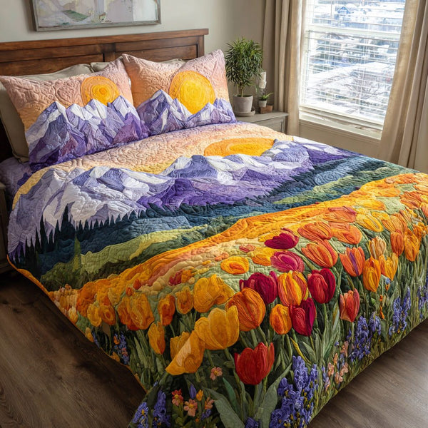 Tulip Peaks quilted 3-piece bedding set on a made bed with two matching pillow shams