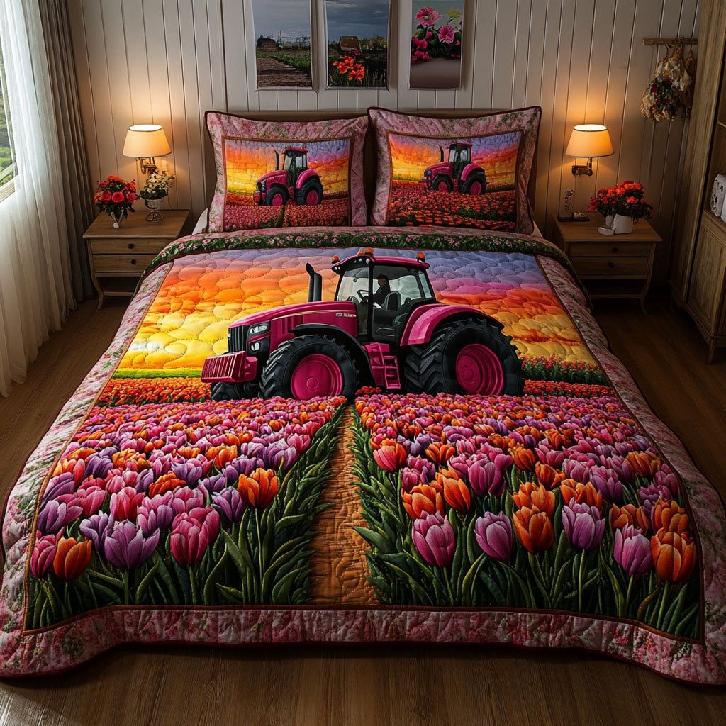 Tulip Tractor quilted 3-piece bedding set on a made bed with two matching pillow shams