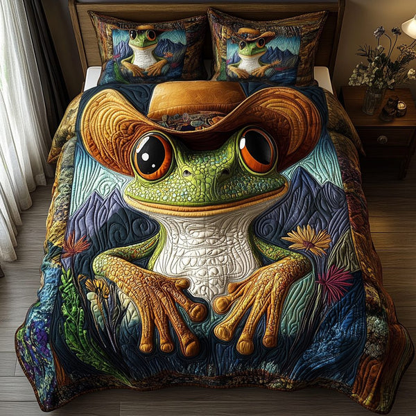 Tumbleweed Toad quilted 3-piece bedding set on a made bed with two matching pillow shams