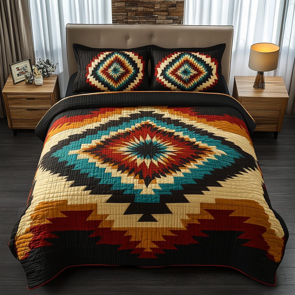 Tumbleweed Trails quilted 3-piece bedding set on a made bed with two matching pillow shams