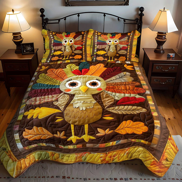 Turkey Cheer quilted 3-piece bedding set on a made bed with two matching pillow shams