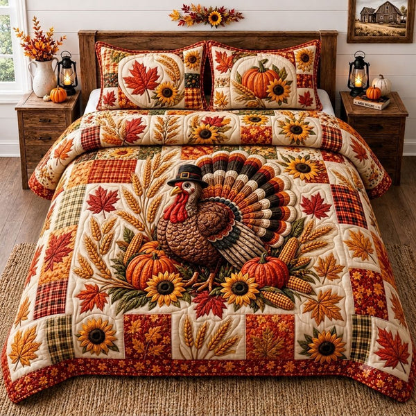 Turkey Country Harvest quilted 3-piece bedding set on a made bed in a farmhouse bedroom