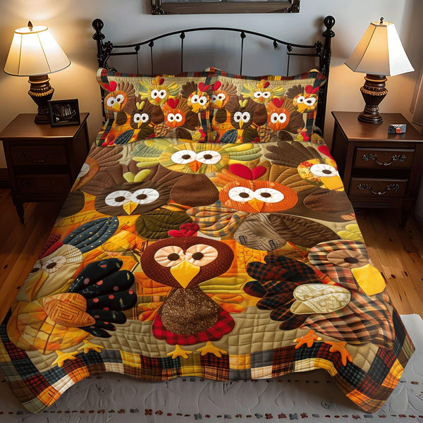 Turkey Family quilted 3-piece bedding set on a made bed with two matching pillow shams
