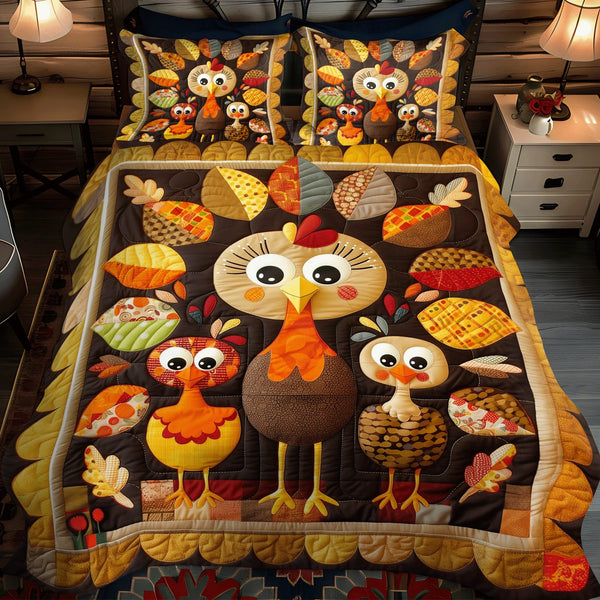 Turkey Time quilted 3-piece bedding set on a made bed with two matching pillow shams