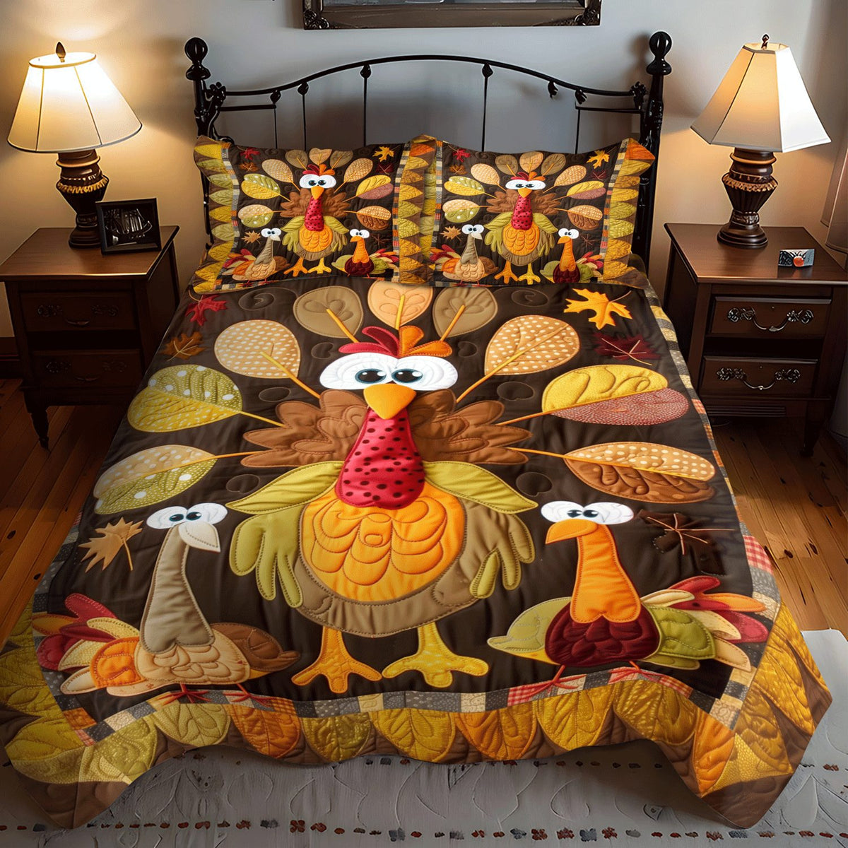 Turkey Togetherness quilted 3-piece bedding set on a made bed with two matching pillow shams