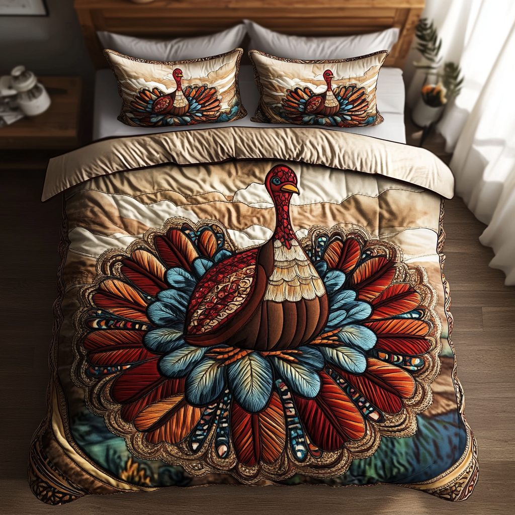 Turkeys Life quilted 3-piece bedding set on a made bed with two matching pillow shams