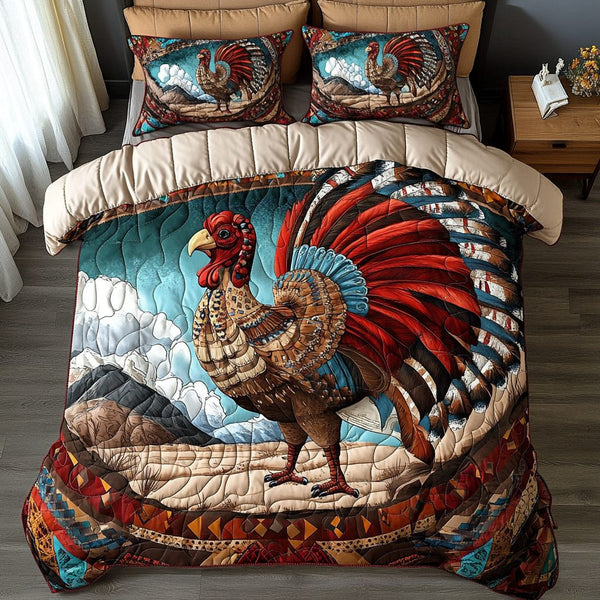 Turkeys Nature quilted 3-piece bedding set on a made bed with two matching pillow shams