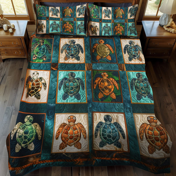 Turle Odyssey quilted 3-piece bedding set on a made bed with two matching pillow shams